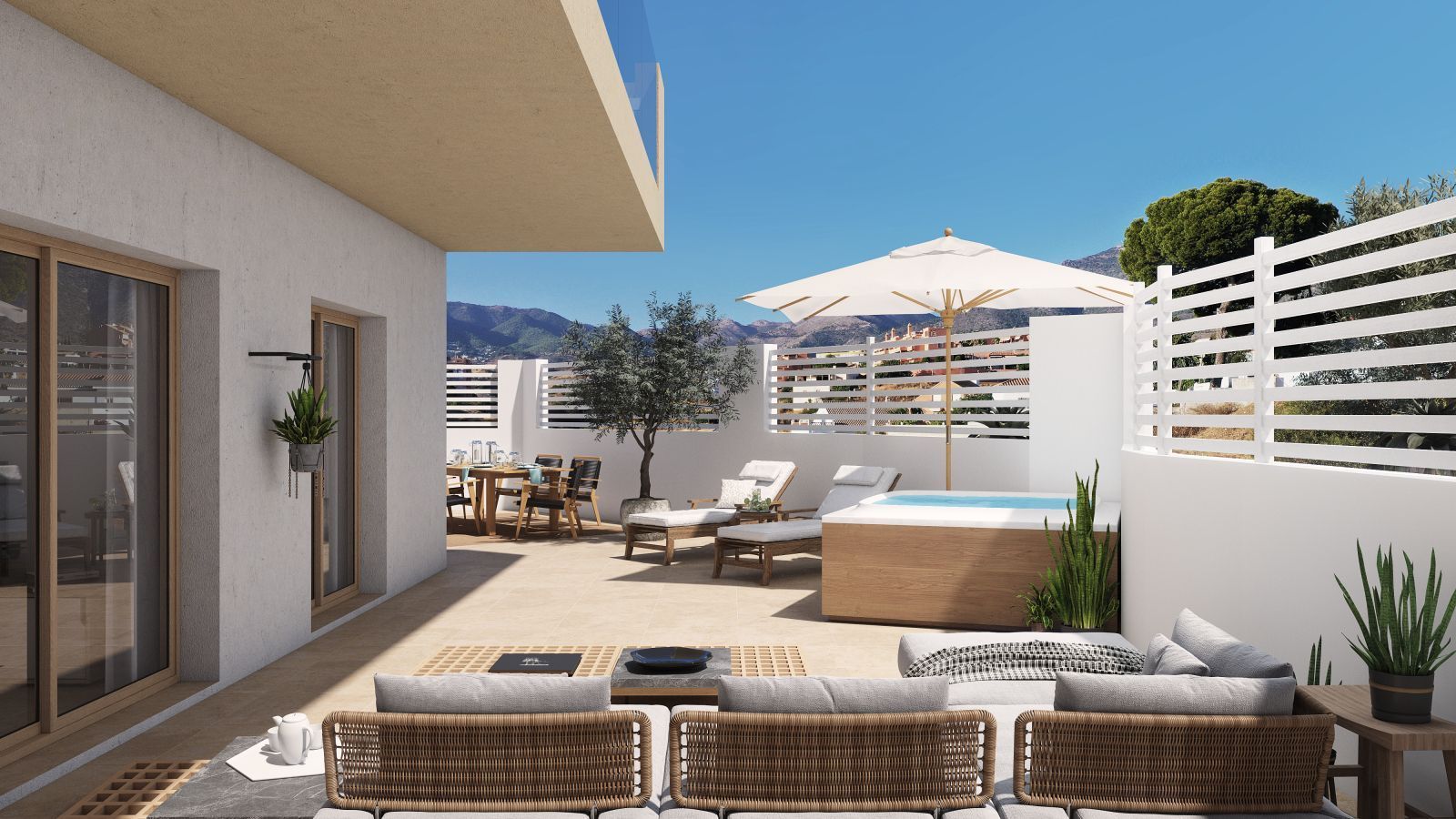 Modern terrace with pool, lounge chairs, and mountain view.