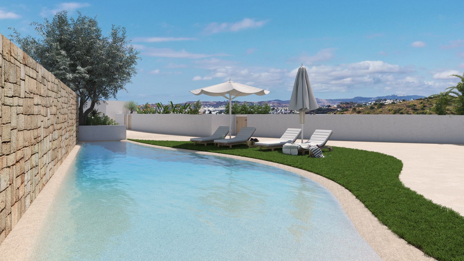 Outdoor pool with lounge chairs, umbrella, and scenic mountain view.