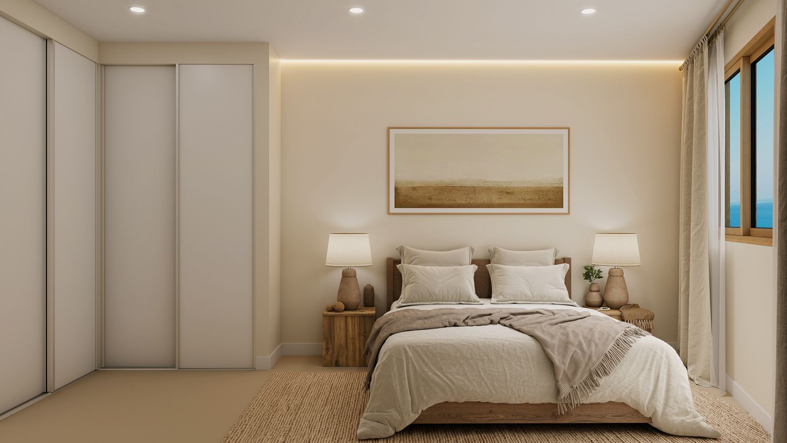 Modern bedroom with large windows, neutral tones, and minimalist decor.